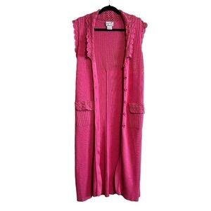 April Cornell Pink Crochet Long Duster Cardigan Vest Cotton Size S